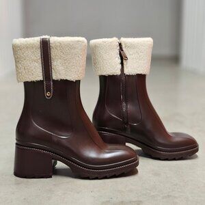 Brown Faux Leather Block Heel Boots With Shearling Cuff & Side Zipper Closure